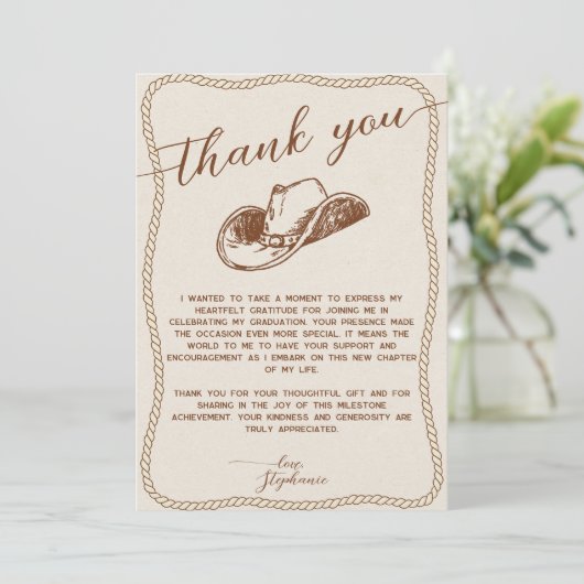  Rustic Cowboy Hat Photo Graduation Party Script サンキューカード (スタンド正面)