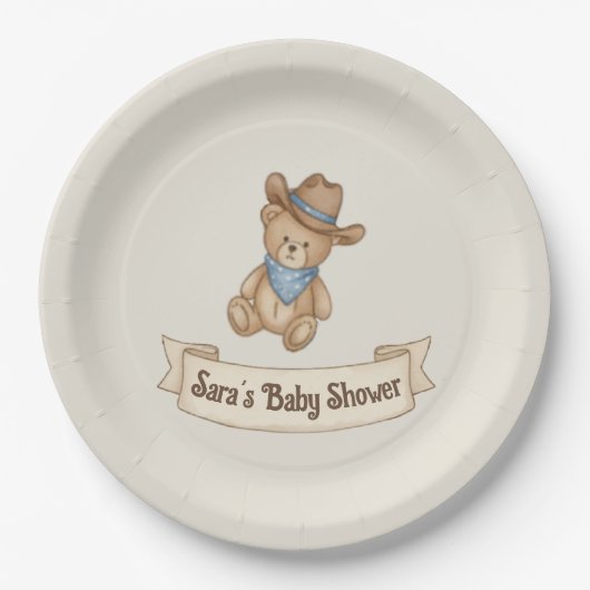 Rustic Cowboy Watercolor Boy Baby Shower ペーパープレート (正面)