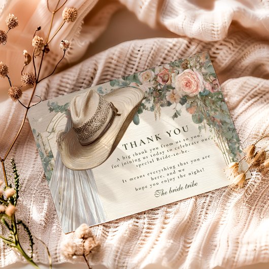 Rustic Cowgirl Hat Floral Bridal Shower サンキューカード