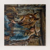 Rustic Cowgirl in Denim with Horse Western Barn ジグソーパズル (横)