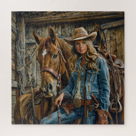 Rustic Cowgirl in Denim with Horse Western Barn ジグソーパズル