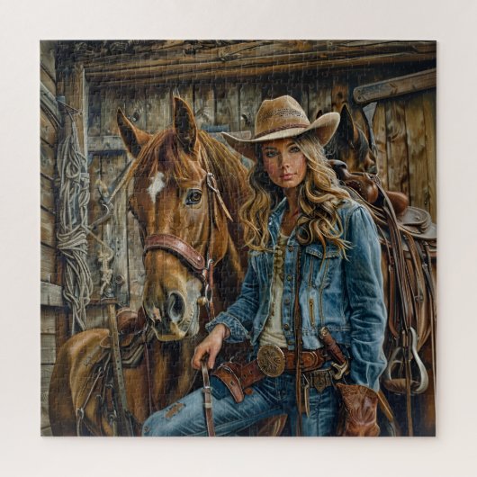 Rustic Cowgirl in Denim with Horse Western Barn ジグソーパズル (縦)
