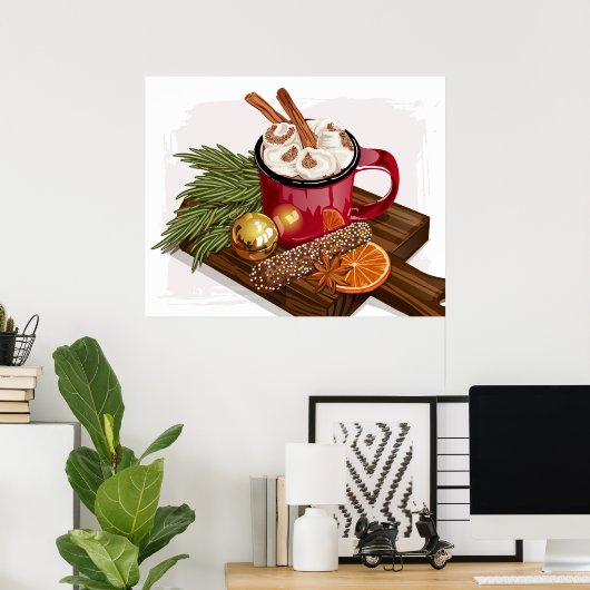 Rustic Cozy Hot Cocoa Mug Marshmallow Xmas Drink ポスター (ホームオフィス)