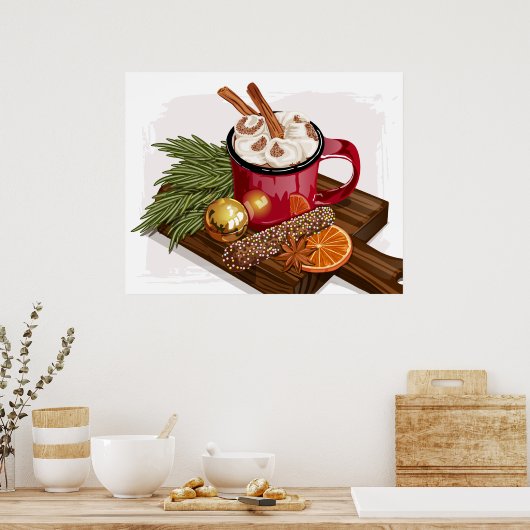 Rustic Cozy Hot Cocoa Mug Marshmallow Xmas Drink ポスター (キッチン)