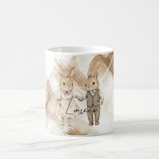 Rustic Cream Brown Stripes Bunny Rabbits Love コーヒーマグカップ (中央)