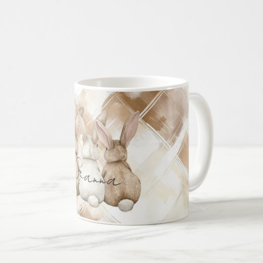 Rustic Cream Brown Stripes Three Bunny Rabbits コーヒーマグカップ (正面右)