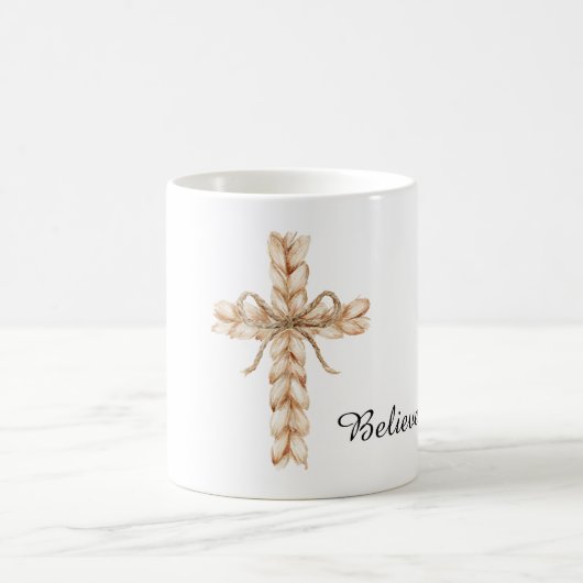 Rustic Cream Cross with Bow Believe コーヒーマグカップ (中央)