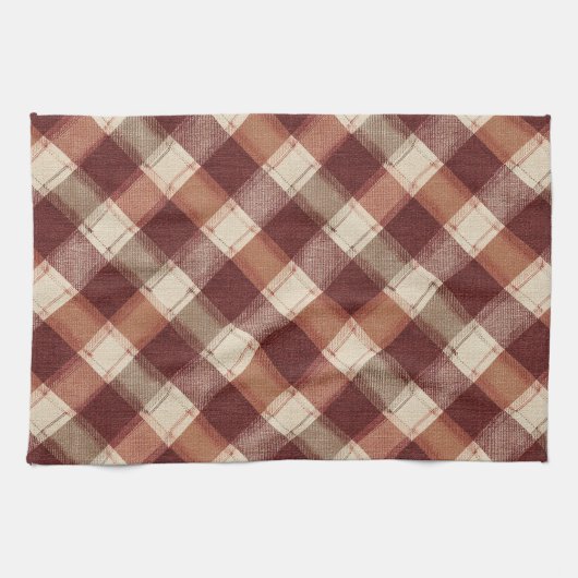 Rustic Cream Orange Rust Red Plaid Pattern キッチンタオル (横)