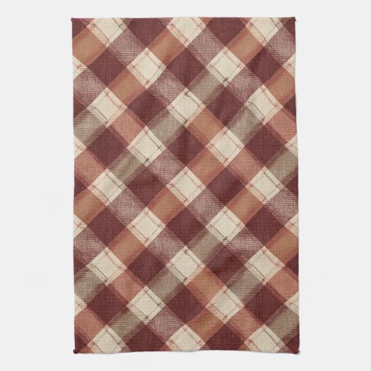 Rustic Cream Orange Rust Red Plaid Pattern キッチンタオル (縦)
