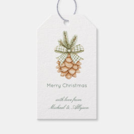 Rustic Cream Pine Cone Green Bow Christmas ギフトタグ
