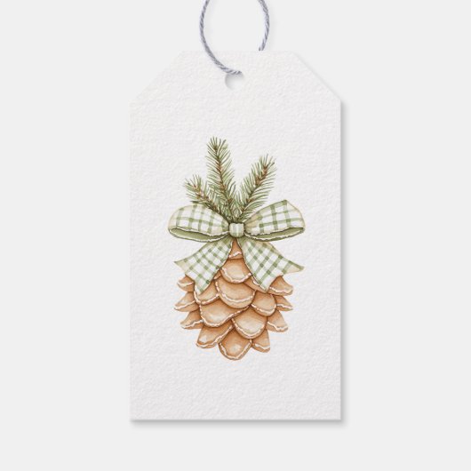 Rustic Cream Pine Cone Green Bow Christmas ギフトタグ (裏面)