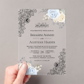 Rustic Cream Soft Blue Floral Lace Muslim Wedding アクリル招待状 (インサイチュ (ポータブル))