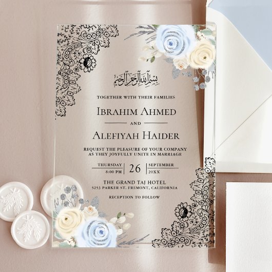 Rustic Cream Soft Blue Floral Lace Muslim Wedding アクリル招待状