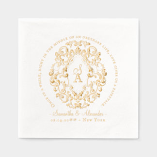Rustic Crest Ivory Black Old Print Gothic Wedding 箔ナプキン