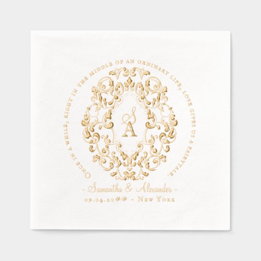 Rustic Crest Ivory Black Old Print Gothic Wedding 箔ナプキン (正面)