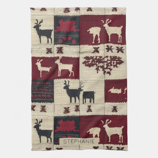 Rustic Cross-Stitch Patchwork | Folk Holiday Motif キッチンタオル (縦)