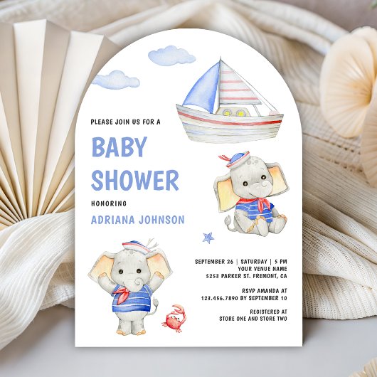 Rustic Cute Elephant Nautical Boat Baby Shower 招待状