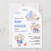 Rustic Cute Elephant Nautical Boat Baby Shower 招待状 (正面)