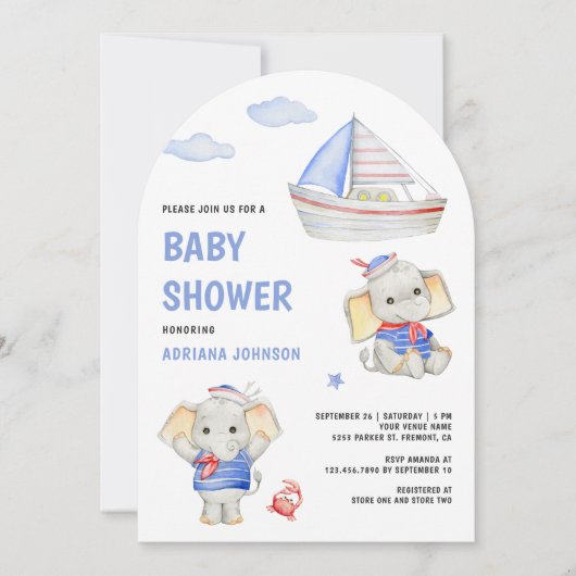 Rustic Cute Elephant Nautical Boat Baby Shower 招待状 (正面)