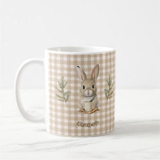 Rustic Cute Rabbit Brown Gingham Personalized コーヒーマグカップ
