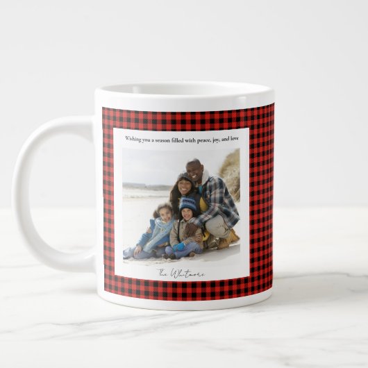 Rustic Cute Red Plaid Monogram 2 Photo Christmas ジャンボコーヒーマグカップ (左)