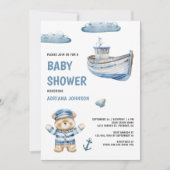Rustic Cute Teddy Bear Nautical Boat Baby Shower 招待状 (正面)