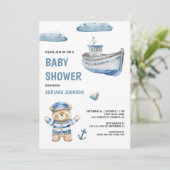 Rustic Cute Teddy Bear Nautical Boat Baby Shower 招待状 (スタンド正面)