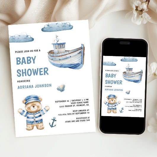 Rustic Cute Teddy Bear Nautical Boat Baby Shower 招待状