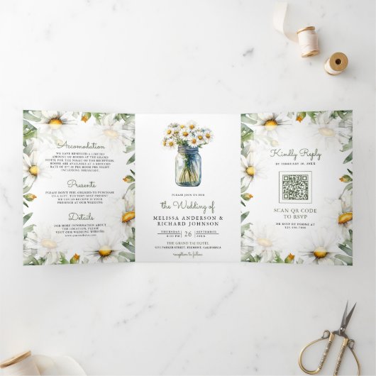 Rustic Daisies Floral Mason Jar QR Code Wedding 三つ折り招待状 (内部)
