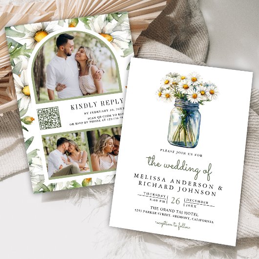 Rustic Daisies Floral Mason Jar QR Code Wedding 招待状