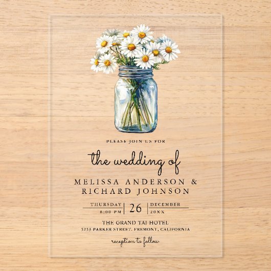 Rustic Daisies Floral Mason Jar Wedding アクリル招待状 (正面)