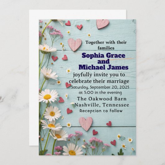 Rustic Daisy & Heart Wedding Invitation 招待状 (正面/裏面)