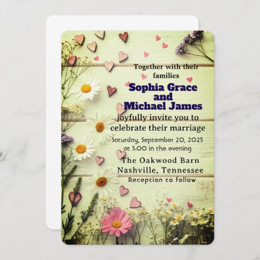 Rustic Daisy & Heart Wedding Invitation 招待状 (正面/裏面)