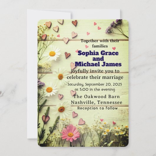 Rustic Daisy & Heart Wedding Invitation 招待状 (正面)