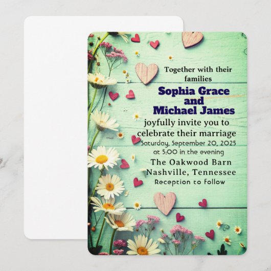 Rustic Daisy & Heart Wedding Invitation 招待状 (正面/裏面)