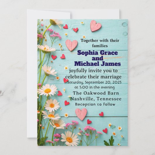 Rustic Daisy & Heart Wedding Invitation 招待状 (正面)