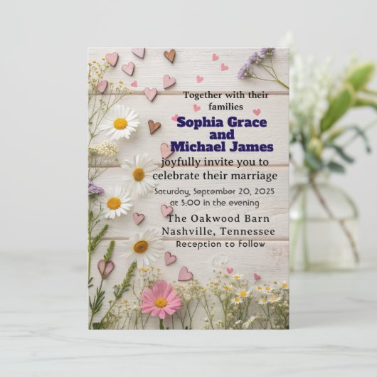 Rustic Daisy & Heart Wedding Invitation 招待状 (スタンド正面)