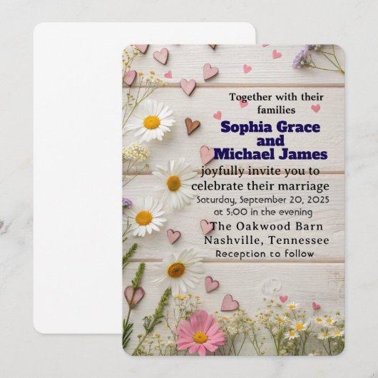 Rustic Daisy & Heart Wedding Invitation 招待状 (正面/裏面)