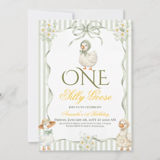 Rustic Daisy One Silly Goose First Birthday 招待状 (正面)