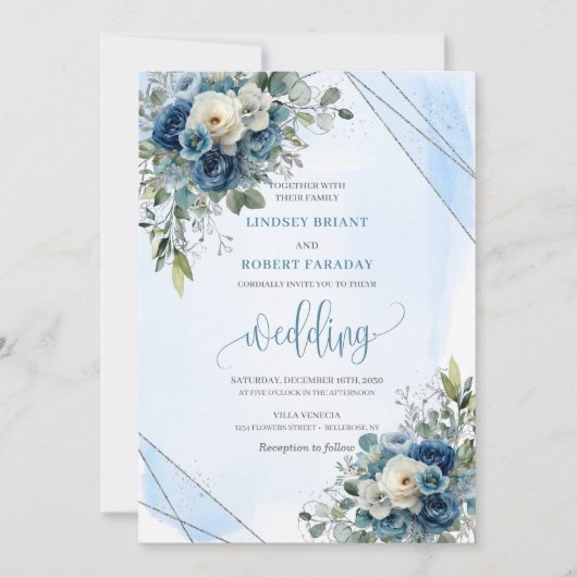 Rustic Dark Blue White Roses Silver Wedding Invite 招待状 (正面)