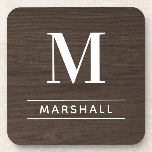 Rustic Dark Brown Wood Custom Monogram Initial コースター (正面)