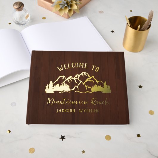 Rustic Dark Brown Wood Mountain Landscape ゲストブック (正面見開き)