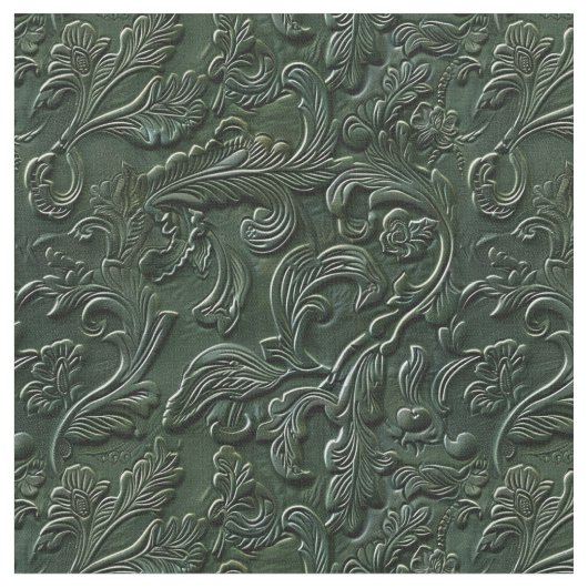 Rustic dark green tooled leather floral ファブリック (クローズアップ)
