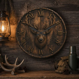 Rustic Deer 3D Stag Head Cabin Decor ラージ壁時計