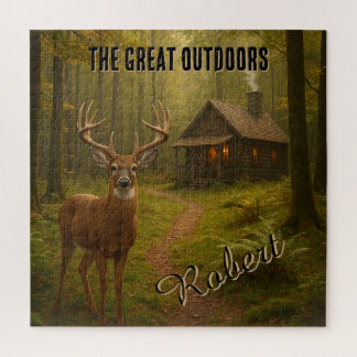 Rustic Deer Hunting Cabin Forest Signature Name ジグソーパズル