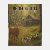 Rustic Deer Hunting Cabin Forest Signature Name フリースブランケット (正面)