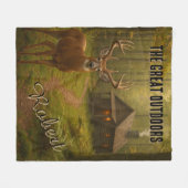 Rustic Deer Hunting Cabin Forest Signature Name フリースブランケット (正面(横))