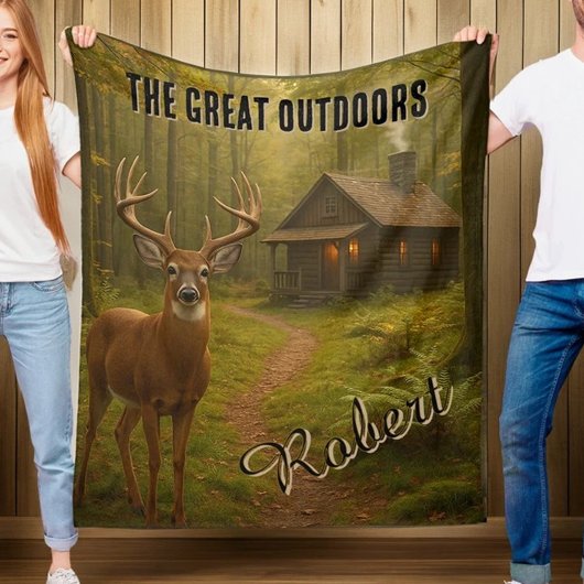 Rustic Deer Hunting Cabin Forest Signature Name フリースブランケット