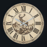 Rustic Deer Mountain Wall Clock | Wood-Look Cabin  ラージ壁時計<br><div class="desc">Bring the majestic spirit of the mountains into your home with this stunning rustic deer mountain wall clock that celebrates the beauty of wildlife in its natural habitat. 🦌 Featuring a noble stag standing proudly on a rocky cliff with snow-capped mountains and pine trees in the background, all crafted on...</div>