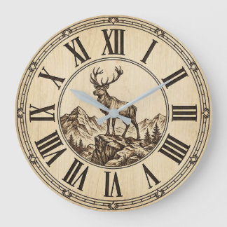 Rustic Deer Mountain Wall Clock | Wood-Look Cabin  ラージ壁時計